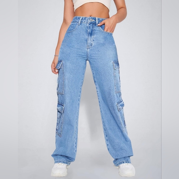FLVSUN High Waist Jeans Cargo Flap Pocket Baggy - Picture 2 of 8